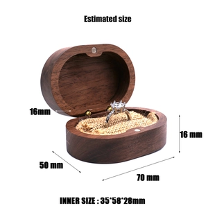 Oval walnut wood ring box with burlap lining and detailed dimension specifications