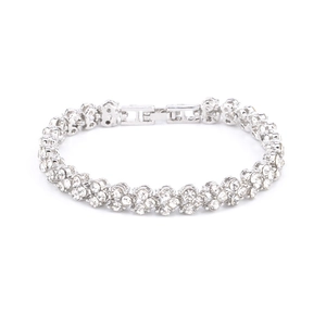 Close-up of silver-white crystal pavé circle bracelet with classic folding clasp detail