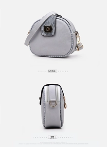 Detail of light gray round crossbody bag with snake print trim and cat-shaped gold buckle