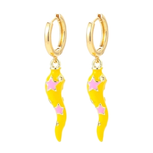 Minimalist gold hoop earrings with yellow chili pendant and pink star enamel pattern