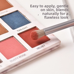 Gros plan d'un pinceau à paupières doux prélevant de la poudre d'une palette de maquillage