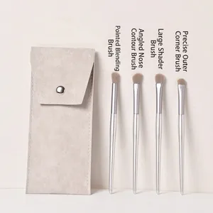 Détail de kit 4 pinceaux maquillage yeux avec pochette en PU gris sur fond beige