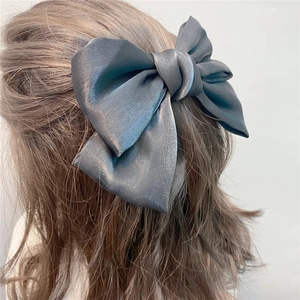 Detail of a large grey-blue satin bow hair clip worn in an elegant French style