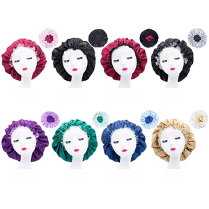 Satin sleep bonnets for hair protection in various colors like wine red, navy, and gold