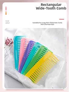 Set of six colorful wide-tooth hair combs in a stylish metal basket display