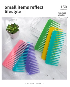 Macro shot of colorful wide-tooth combs with 150 teeth for scalp massage and detangling