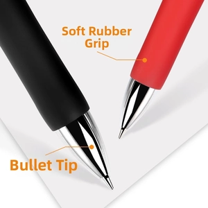 Macro detail of 0.5mm bullet tip gel pens with comfortable soft rubber anti-slip grips