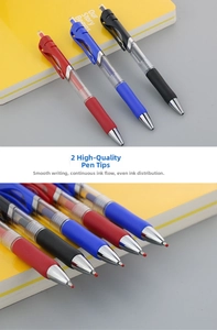 Detail of 0.5mm retractable gel pens with soft rubber grip and protective wax tip