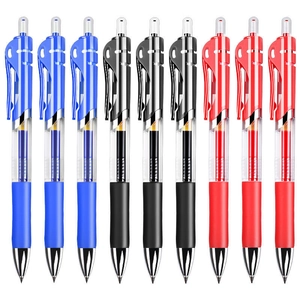 Set of 9 retractable gel pens in black blue and red ink with soft rubber grip