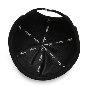 Internal view of black docker hat showing reinforced seams with Fashion ribbon and metal buckle
