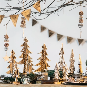 Wooden Christmas Tree Ornament Natural Birch Bark Nordic Rustic Forest Style Desktop Decoration Snow Painted Festive Display