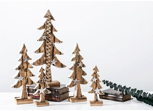 Set of 5 natural wood Christmas trees with snow dusting and stars on stable bases