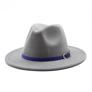 Classic gray wool fedora hat with navy leather band and golden buckle on white background