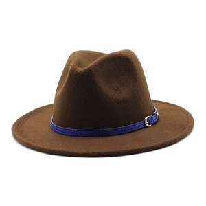 Detail of brown wool fedora hat featuring a contrasting purple leather band and gold buckle