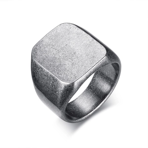 Minimalist square signet ring for men in vintage stainless steel with a brushed silver finish