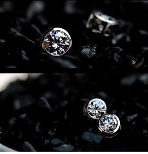 Detailed close-up of 925 silver stud earrings with sparkling round black cubic zirconia