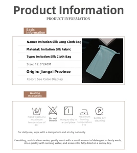 Detailed size chart for 12.5x24cm satin drawstring bag with fabric care instructions