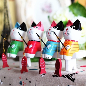 Nordic Handmade Pine Wood Fishing Cat Ornaments Colorful Hand Painted Animal Figurines For Desktop Home Office Decor Creative Gifts