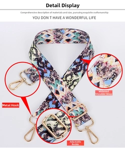 Close-up of ethnic style woven strap with golden metal hooks and adjustable buckle