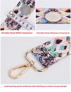 Detail of adjustable patterned replacement bag strap with 3.8cm width and golden metal hooks