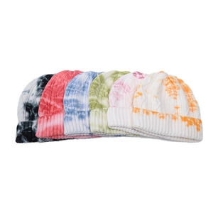 Winter tie-dye knit beanies in six gradient colors with thick cable knit texture