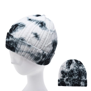 Winter tie-dye knit beanie for women with gradient pattern and twisted cable knit texture