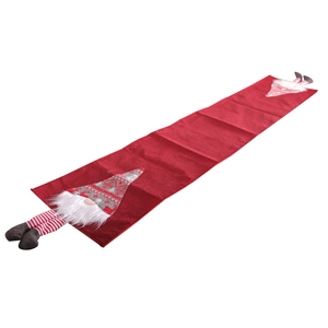 Christmas burlap table runner featuring red faceless gnome dolls with long legs decoration