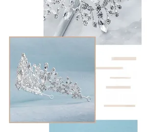 Detail of silver bridal tiara showing intricate rhinestones and baroque metal craft