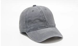 Close-up of the washed cotton texture and stitching on the grey vintage baseball cap