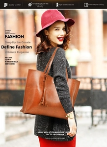 Detail of a brown oil wax leather bucket bag with tassel charm and premium metal hardware