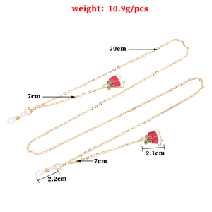 Christmas bell glasses chain in gold with red enamel pendants, 70cm long with size details