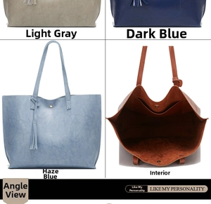 Detail view of large tote bag interior and color options in grey, dark blue and misty blue