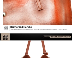 Macro view of reinforced handle stitching and spacious interior of the brown bucket bag