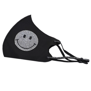 Black ice silk mask with rhinestone smiley face pattern and adjustable ear loops