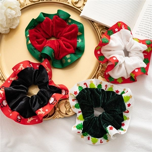 Christmas velvet scrunchies set with festive ribbon edges in four holiday colors