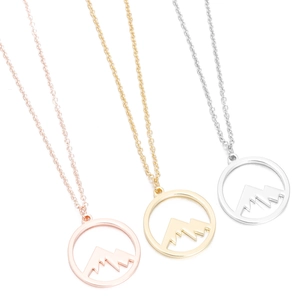 Three-tone stainless steel necklaces featuring hollow mountain peaks in a circular frame