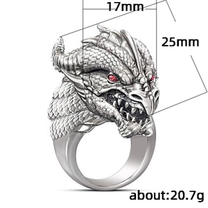 Exquisite dragon head men's ring in retro silver alloy with red zircon eyes