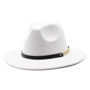 Woolen Fedora Hat British Jazz Style Wide Brim With Leather Band Gold Metal Chain Vintage Fashion For Men Women
