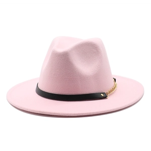 Detailed view of pink wool fedora hat with black leather band and gold chain decoration
