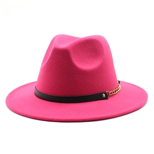 Classic fuchsia wool fedora hat with black leather band and gold chain detail