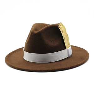 Detail of wide brim wool fedora hat with white ribbon band and golden feather accessory