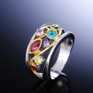 S925 silver multi-color gemstone ring featuring emerald, purple, and blue marquise stones