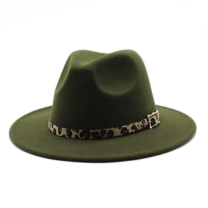 Dark green wool fedora hat with leopard print band and gold buckle on white background
