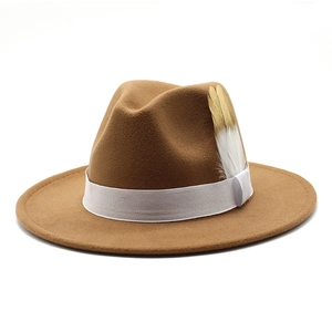 Détail d'un chapeau fedora marron avec ruban blanc et décoration de plumes bicolores