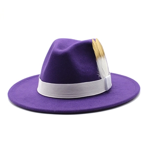 Détail d'un chapeau fedora en laine violet foncé avec ruban blanc et plume dorée