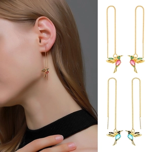 Colorful hummingbird threader earrings in gold metal with inlaid stones for women