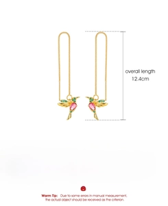 Detailed view of hummingbird threader earrings with dimensions and material specs