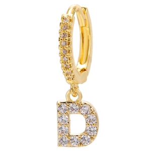 Macro shot of 18k gold plated earring featuring a micro-paved cubic zirconia letter D