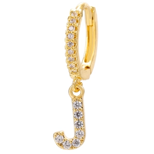 Detailed shot of 18k gold plated letter J earring with micro-pave cubic zirconia
