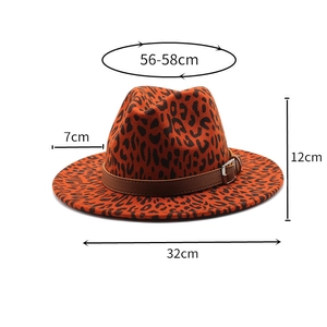 Dimensions détaillées du chapeau fedora orange à motif léopard avec ceinture en cuir